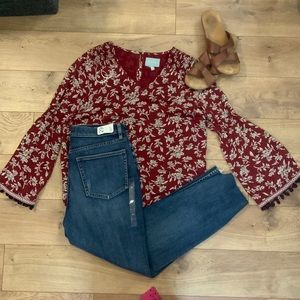Skies are Blue Floral Red Blouse